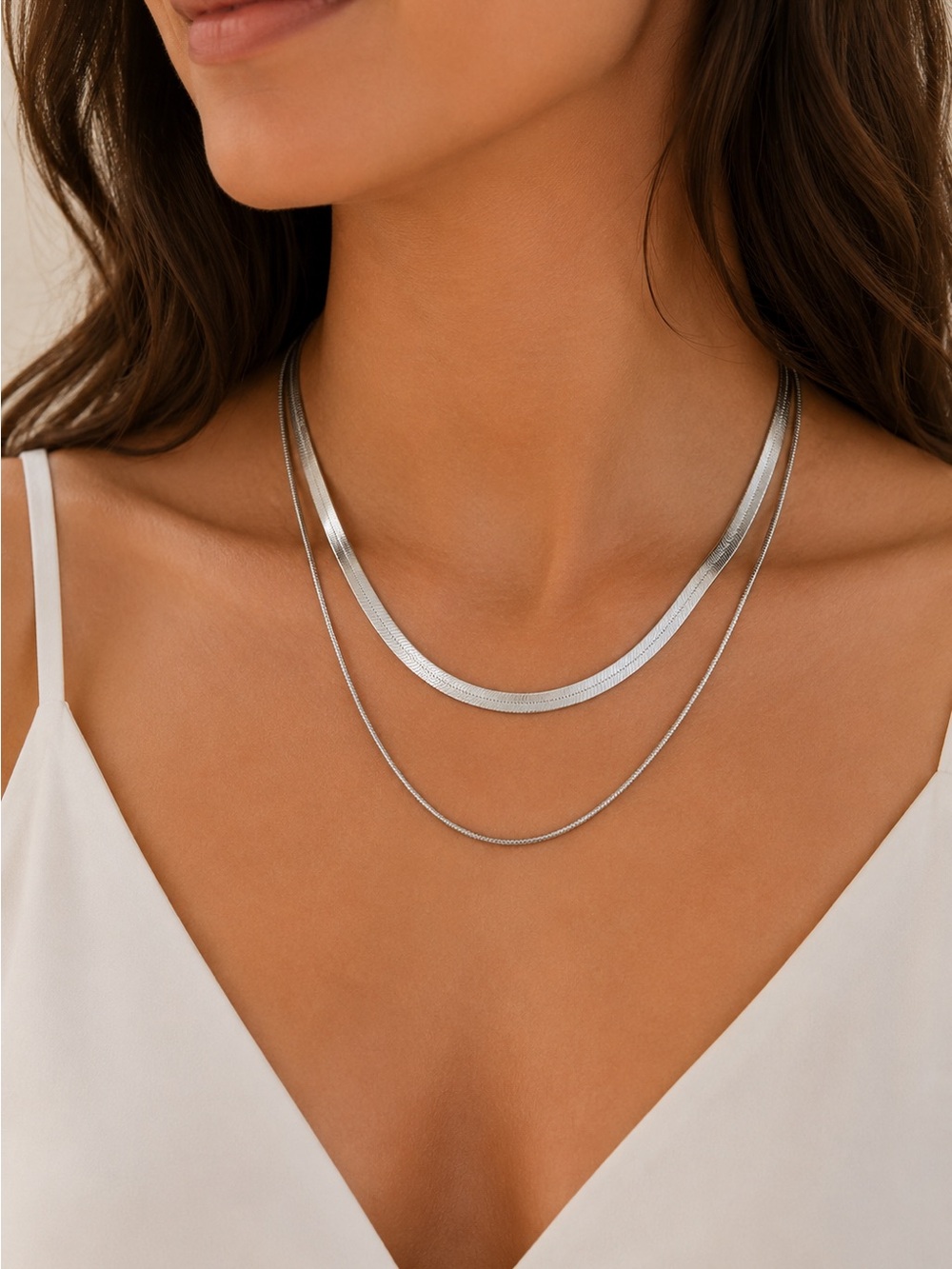 Stainless Steel Herringbone & Snake Chain Necklace Set Layered Waterproof NWT
